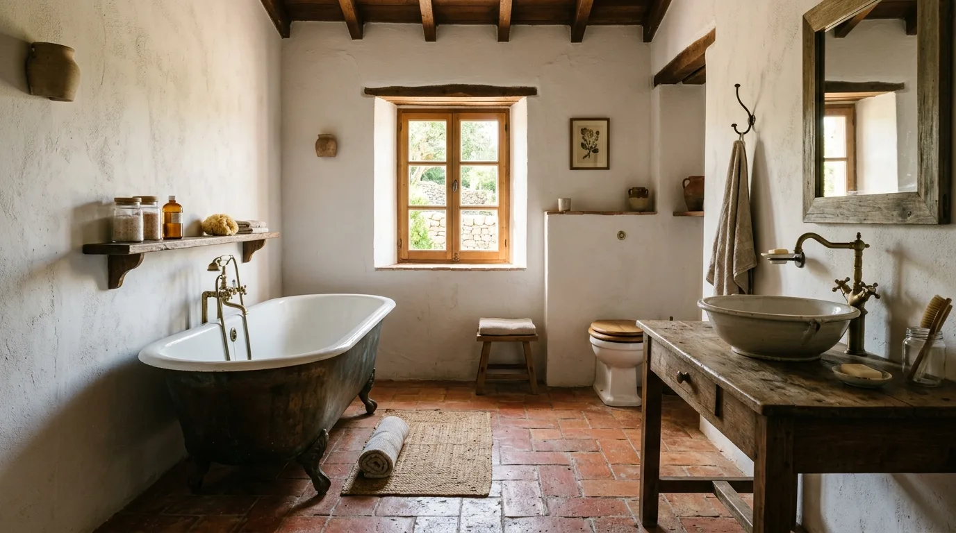 Use terracotta for rustic warmth inspiration for a tiled bathroom.